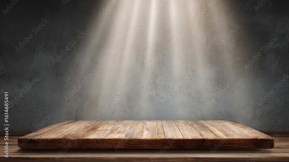 Poster warm wooden platform sits in an empty room, softly lit by beams of light from above, creating a dram
