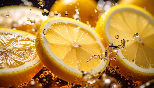 Macro of lemon slices surrounded by fizzy bubbles