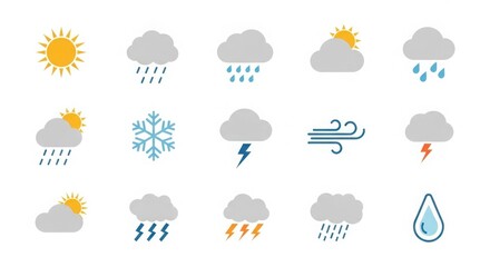 Collection of weather icons depicting various atmospheric conditions and precipitation types silhouette