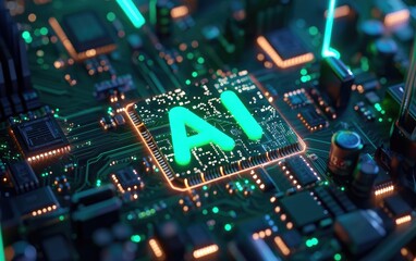 Fototapeta premium AI chip glowing brightly on a circuit board, representing advanced technology.