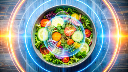 High-tech food analysis concept showing a fresh salad bowl with a futuristic scanner graphic for nutrition and safety