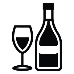 Black and white icon of a wine bottle and glass filled with dark liquid drink beverage