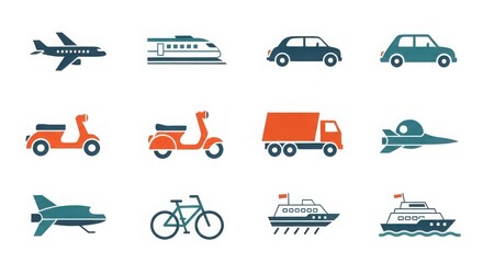 Collection of colorful transportation icons featuring airplanes cars scooters trucks bikes and boats silhouette