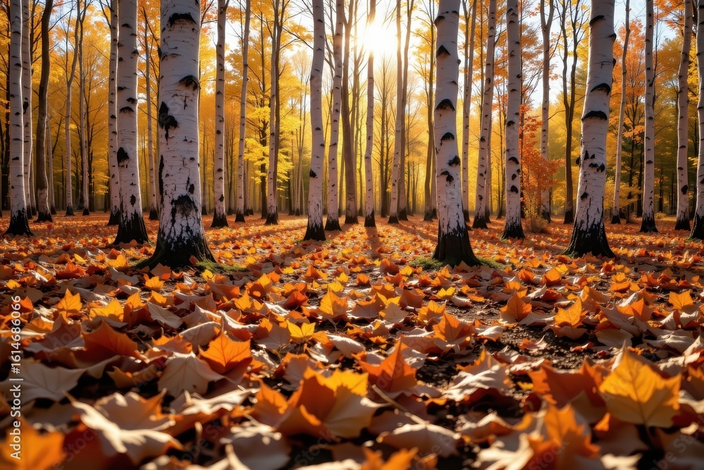 Poster serene autumn forest with colorful leaves and sunlight filtering through trees