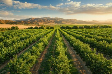 Fototapeta premium Majestic aerial view of pomegranate orchards flourishing under golden sunlight in a scenic landscape, Aerial shot of rows of pomegranate trees on a farm in Californias Central Valley