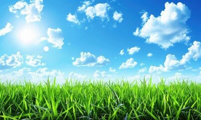 Fototapeta premium Lush green grass under bright blue sky with fluffy white clouds and sun