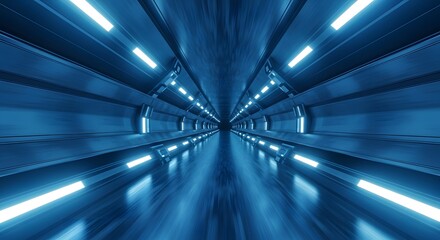 Obraz premium Futuristic tunnel background, glowing LED lights, motion blur, perspective depth, sci-fi corridor in metallic blue tones