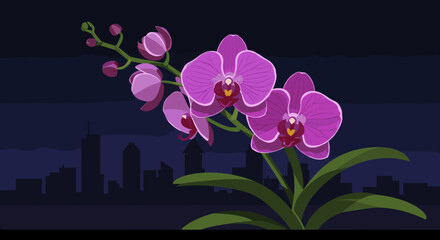 An illustration of the national flower of Singapore, the Vanda Miss Joaquim orchid, blooming vibrantly against a city skyline, symbolizing resilience and beauty.