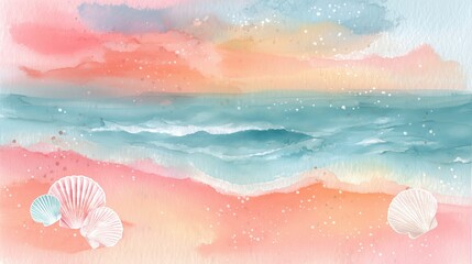 Soft watercolor beach scene with gentle waves, pastel sky, and delicate seashells creating a serene coastal ambiance