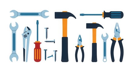 Collection of colorful hand tools including hammers screwdrivers wrenches pliers and nails in a silhouette