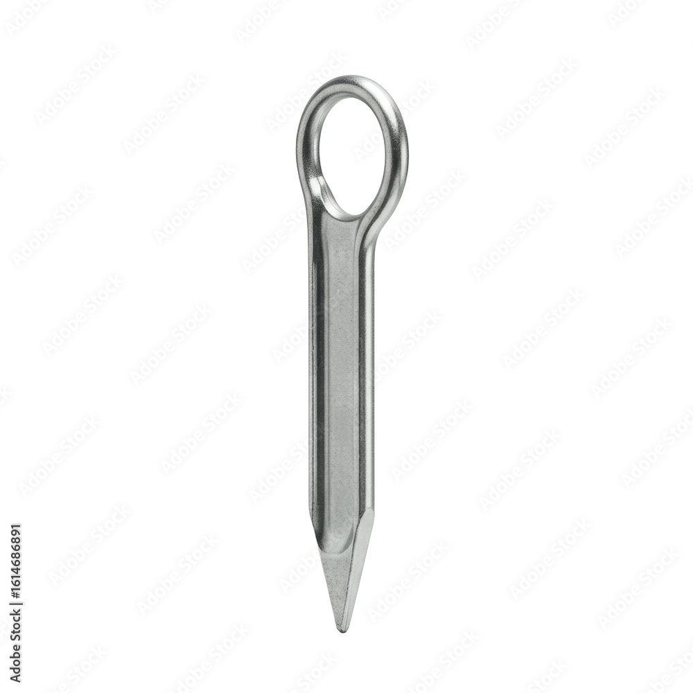 Poster new, clean, pristine galvanized steel tent peg with a pointed end and functional eyelet, isolated ag
