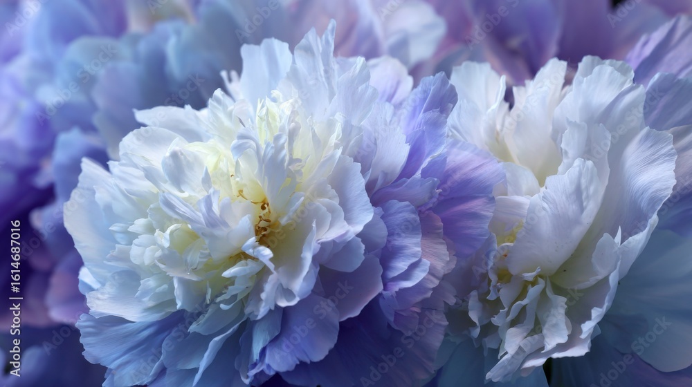Poster clusters of vibrant flowers blend soft blue and white hues, creating an enchanting display in a tran