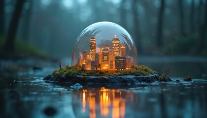 Fototapeta na wymiar Glowing glass dome protects miniature city with illuminated skyscrapers. Fantasy urban landscape on island, surrounded by water. Futuristic concept of safety, technology, contained innovation under