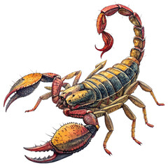 A realistic and detailed scorpion illustration with sharp pincers and stinger, depicting its fierce and striking features in vivid detail