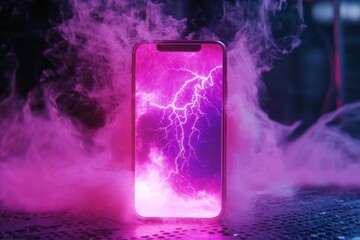 Thunder effect with subscribe text displayed on a smartphone surrounded by colorful smoke, thunder effect with subscribe text electrical subscribe effect