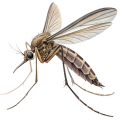 A close up illustration of a mosquito, with fine detail on its wings, legs, and body in a realistic and striking style