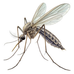 A detailed mosquito illustration in mid flight, capturing its delicate wings and long proboscis with high realism and precision