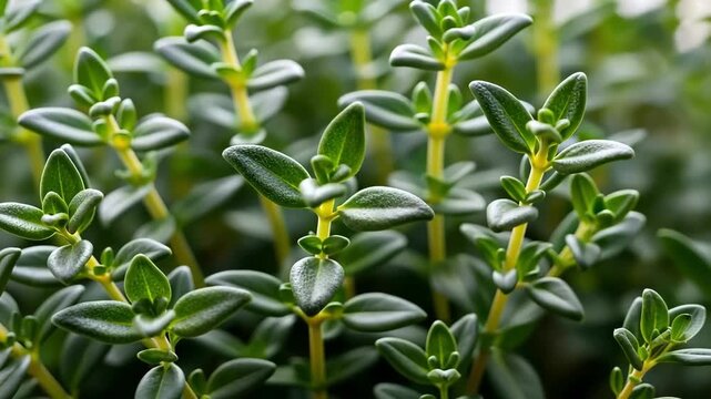 Close-up shot of fresh thyme leaves and stems, vibrant green herb garden.