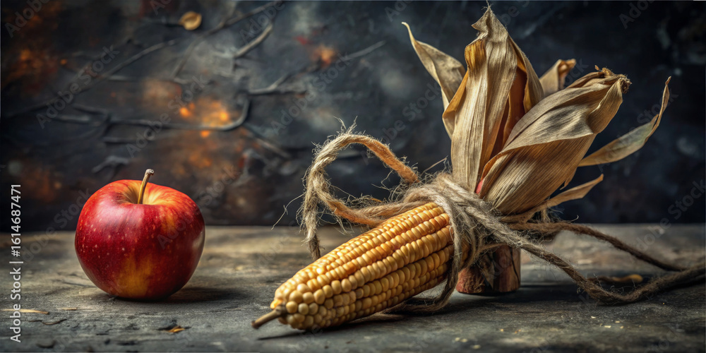 Poster a vibrant red apple and a bundle of dried corn sit together on a rustic wooden surface, illuminated 