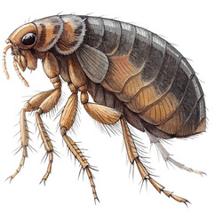A close up of a flea, highlighting its small size and detailed body structure with a sharp focus on its legs and texture