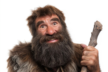 portrait of funny wild primitive man savage cavemen Neanderthal on white isolated background