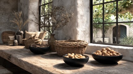 Rustic wooden table with woven baskets and bowls of nuts.