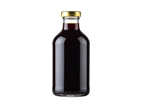 Dark liquid filled bottle with a wooden cap, suitable for beverage or skincare product packaging design. Minimalist, elegant, and versatile concept.