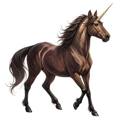 Fototapeta premium A stunning brown unicorn galloping through a lush green meadow, its power and beauty captured in an enchanting scene full of movement