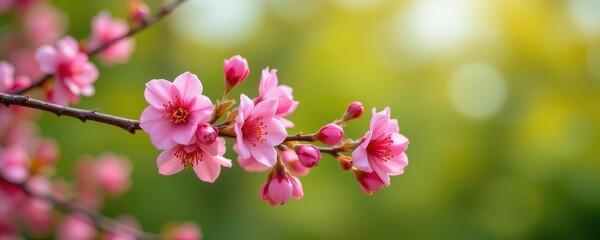 Delicate Pink Cherry Blossom Branch with Soft Bokeh Background in Springtime Garden