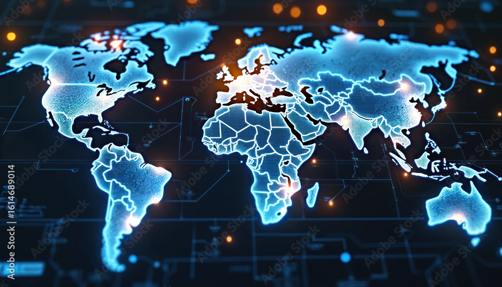 Poster digital world map with glowing connections, representing global network technology. features circuit