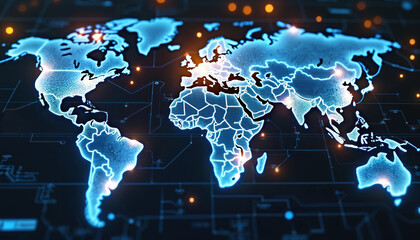 Digital world map with glowing connections, representing global network technology. Features circuit board design elements, emphasizes international data communication, futuristic global connectivity