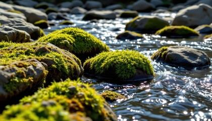 Tranquil Stream with Lush Green Moss on Rocks in Sparkling Water Reflection