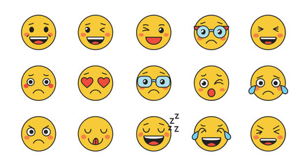 Emoji faces in flat style with various facial expressions