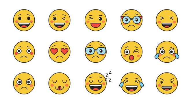 Emoji faces in flat style with various facial expressions