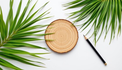 Natural Wood Slice with Green Palm Leaves and Pencil on White Background for Decor