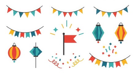 Festive celebration elements including colorful bunting flags lanterns and a red flag silhouette