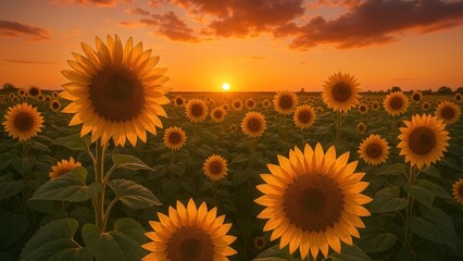 Sunflowers at sunset glow.