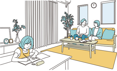 リビングで勉強する女の子とソファで寛ぐ夫婦のイラスト