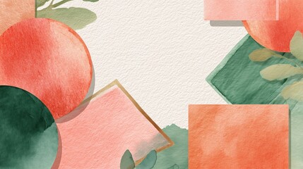 Vibrant watercolor abstract shapes with natural green foliage and gold accents on textured paper