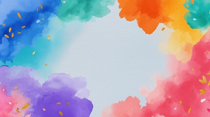Vibrant watercolor splashes create a joyful, celebratory abstract background with golden accents and copy space
