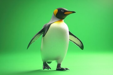 Naklejka premium Penguin walks swiftly on a green background showcasing its unique features and characteristics, Penguin Fast Walks Green Screen Front 3D Rendering