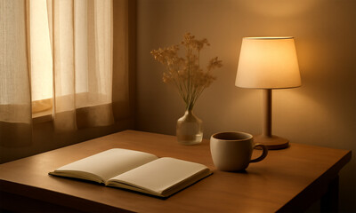 A cozy interior room features a lamp on a table beside a book, illuminating the comfortable furniture and warm design