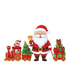 A cheerful cartoon Santa Claus rings a bell while pulling a wagon of presents, accompanied by an elf driving a toy train with a Christmas tree.