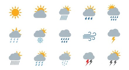 Collection of weather icons featuring sunny cloudy rainy snowy and stormy conditions in a silhouette style