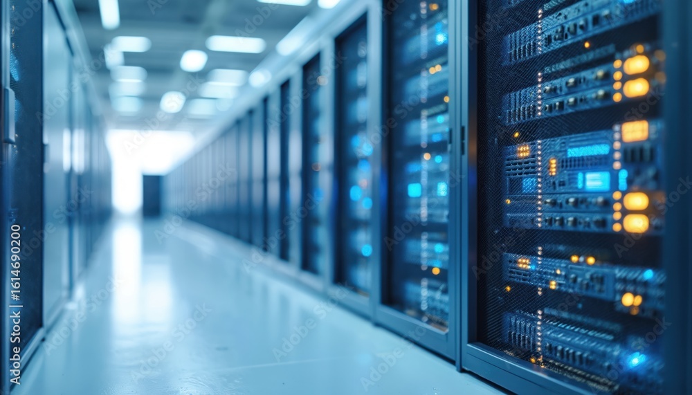 Poster rows of server racks in modern data center with glowing blue, orange lights. technological infrastru