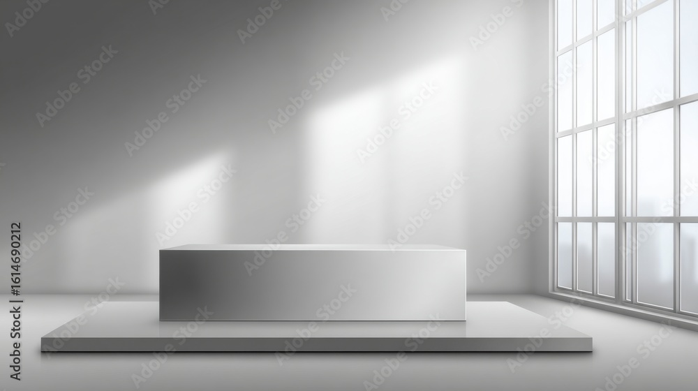 Poster a spacious, minimalist setting features a white display pedestal illuminated by natural light stream