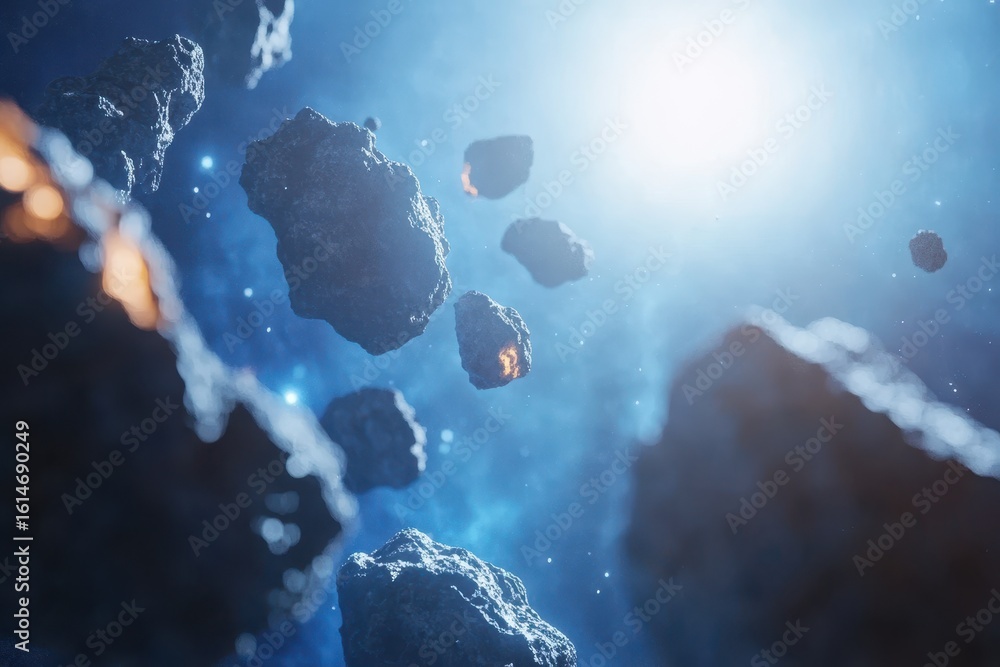 Poster asteroids traversing the solar system illuminated by distant stars and cosmic light, 3d of asteroids