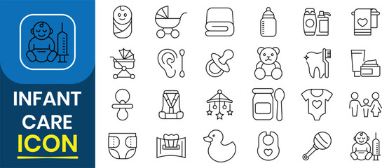 Infant care and hygiene icon. Infant care, baby care, icon set. Icon for infant care, baby care, gift, girl, boy,  child chair, ball, diaper, changing table, lollipop and bottle. Vector illustration.