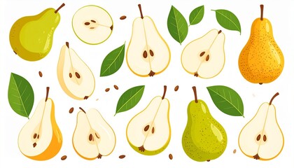Beautiful assortment of pears with leaves on a white background showing different types