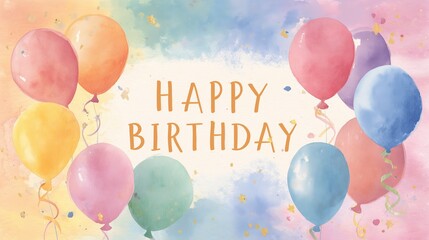 Vibrant watercolor balloons float joyfully surrounding "Happy Birthday" text, perfect for festive celebrations